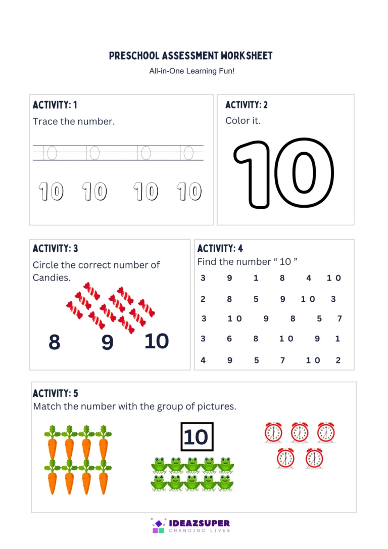 Number 10 assessment worksheet – trace, colour, count, find and match 10