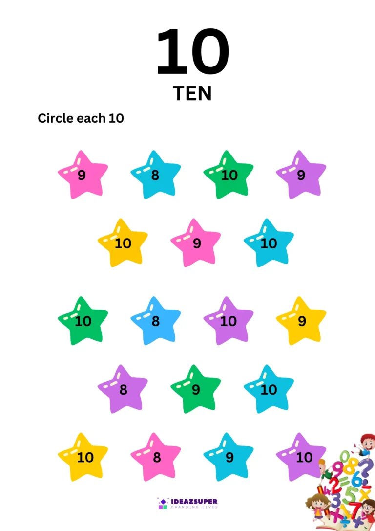 Number 10 identification worksheet – circle every star with the number 10