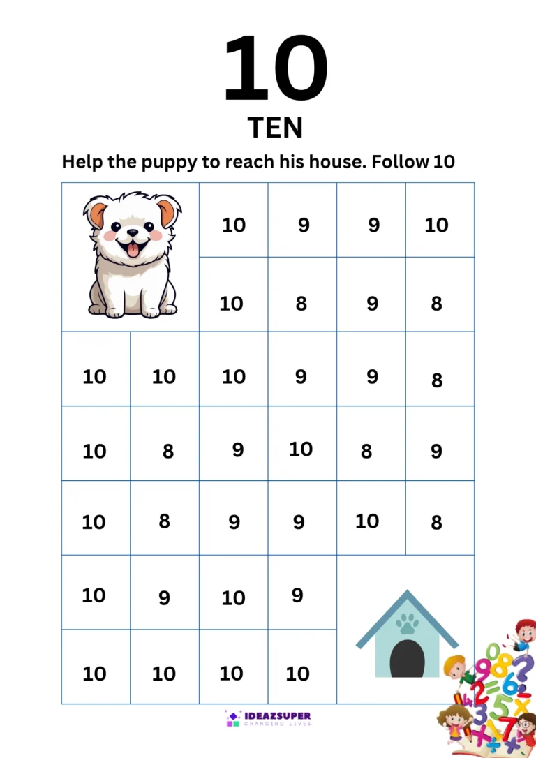 Number 10 find the path maze – follow 10 to help the puppy reach its house
