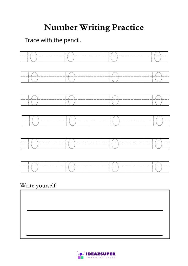 Number 10 tracing worksheet – trace the dotted 10 on writing lines, then write it yourself