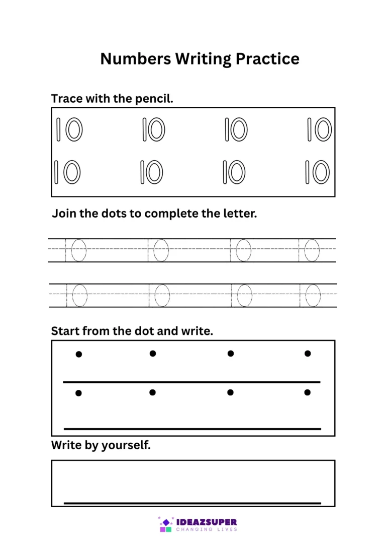 Number 10 writing practice – trace 10, join the dots, then write 10 by yourself