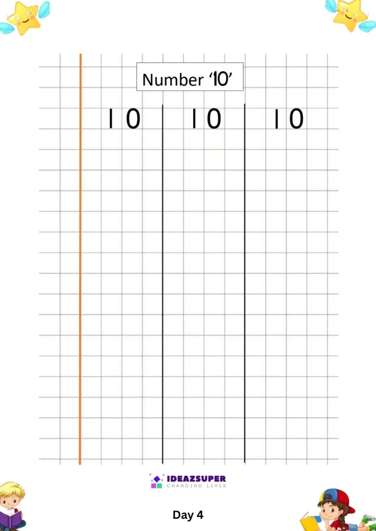 Number 10 writing worksheet on a squared grid for copying the numeral 10