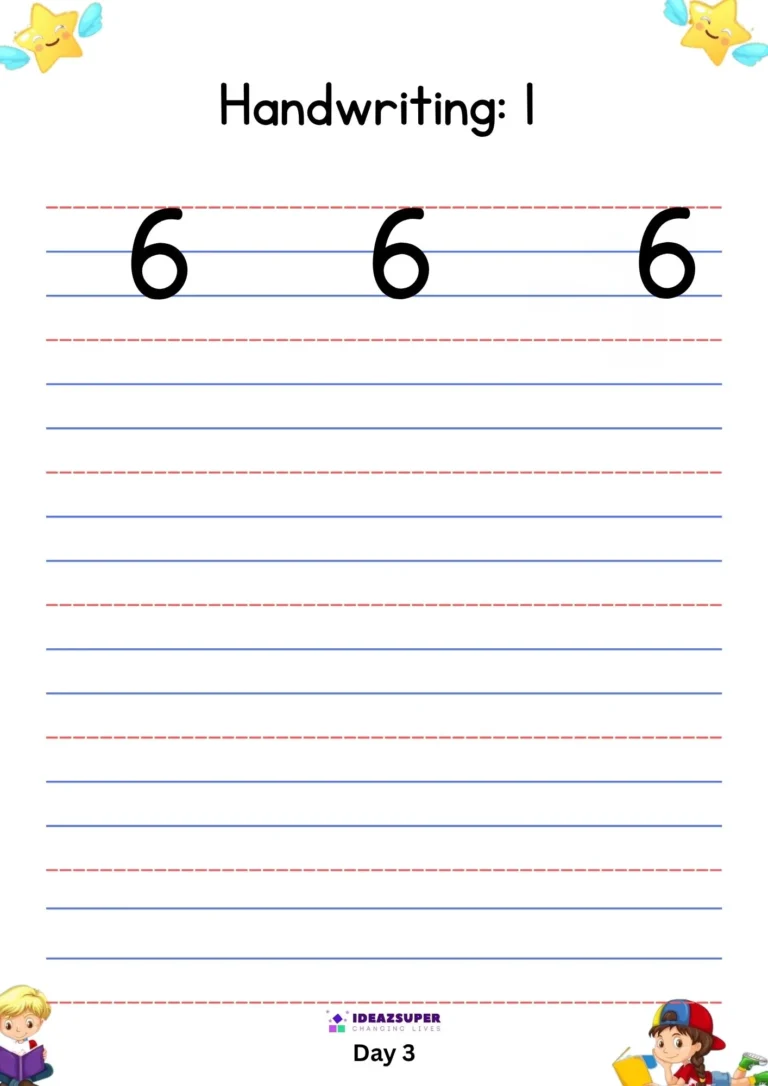 Number 6 handwriting practice on four-line paper