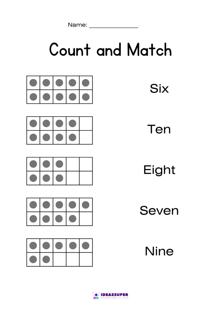 Count and match worksheet for numbers 6 to 10 – count the dots in each ten frame and match to the number word