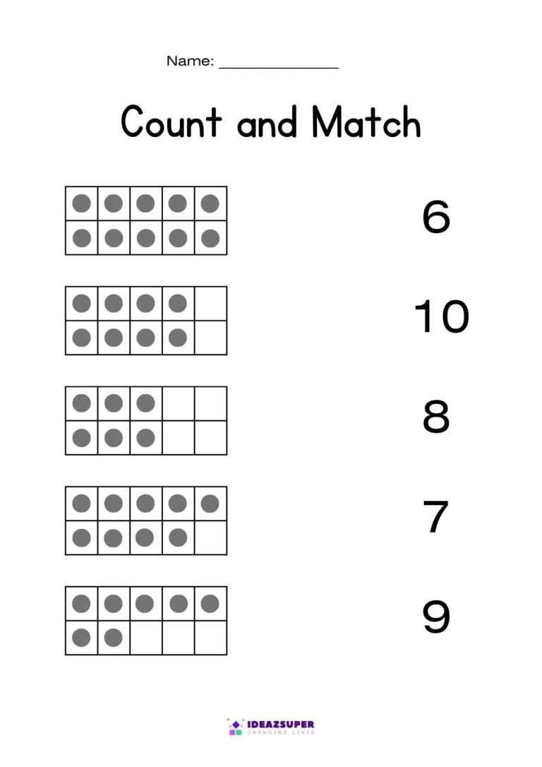 Count and match worksheet for numbers 6 to 10 – count the dots in each ten frame and match to the numeral