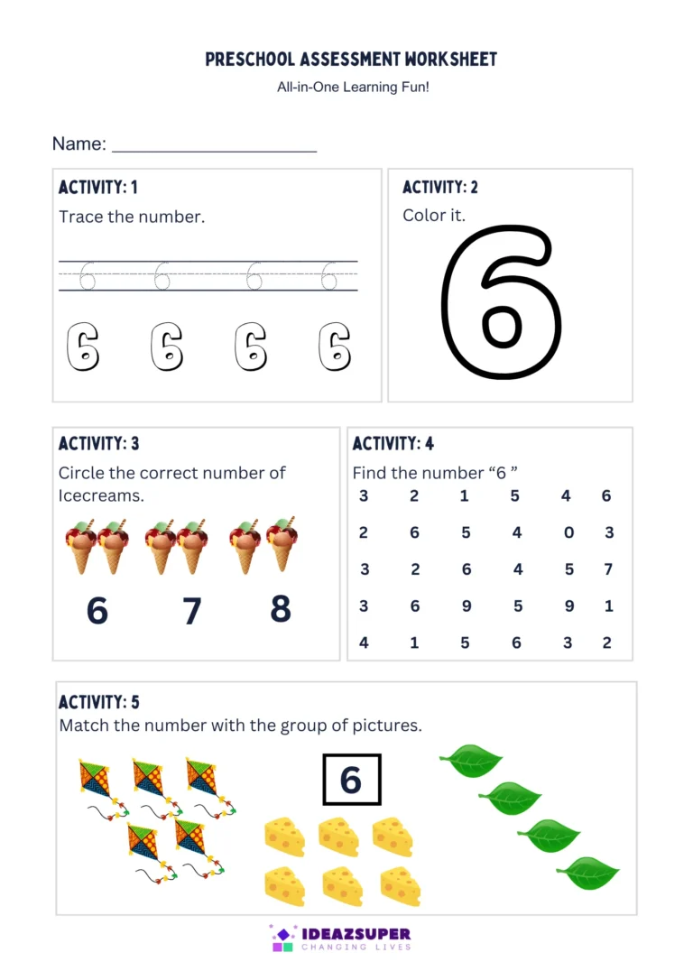 Number 6 assessment worksheet – trace, colour, count, find and match 6