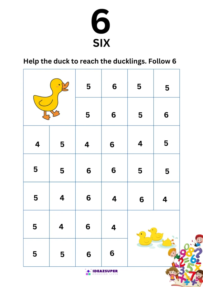 Number 6 find the path maze – follow 6 to help the duck reach the ducklings