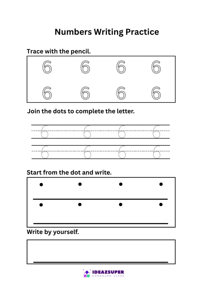 Number 6 writing practice – trace 6, join the dots, then write 6 by yourself