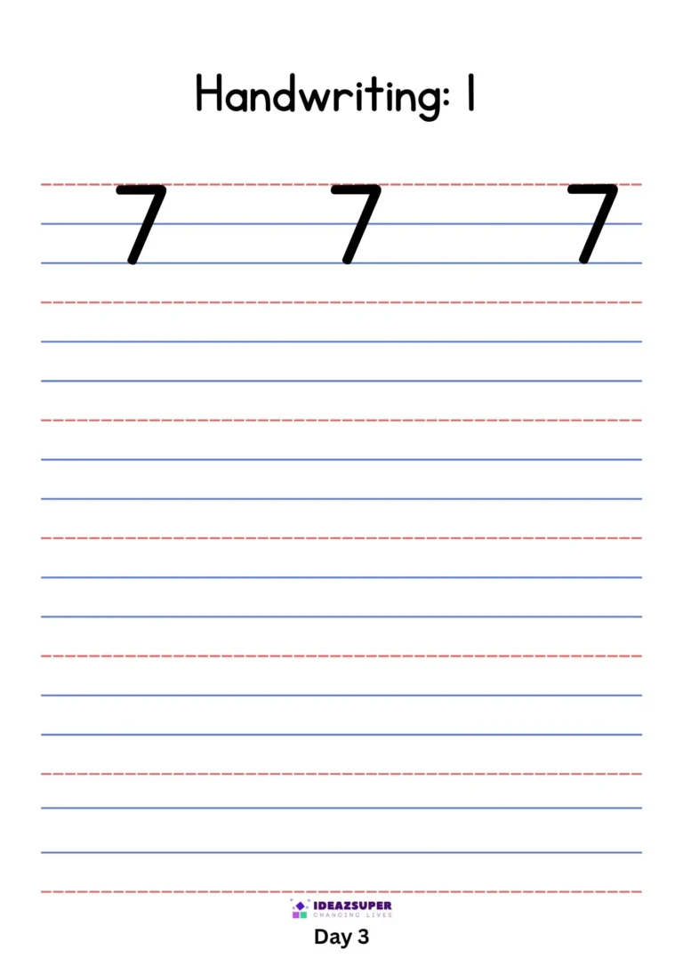 Number 7 handwriting practice on four-line paper