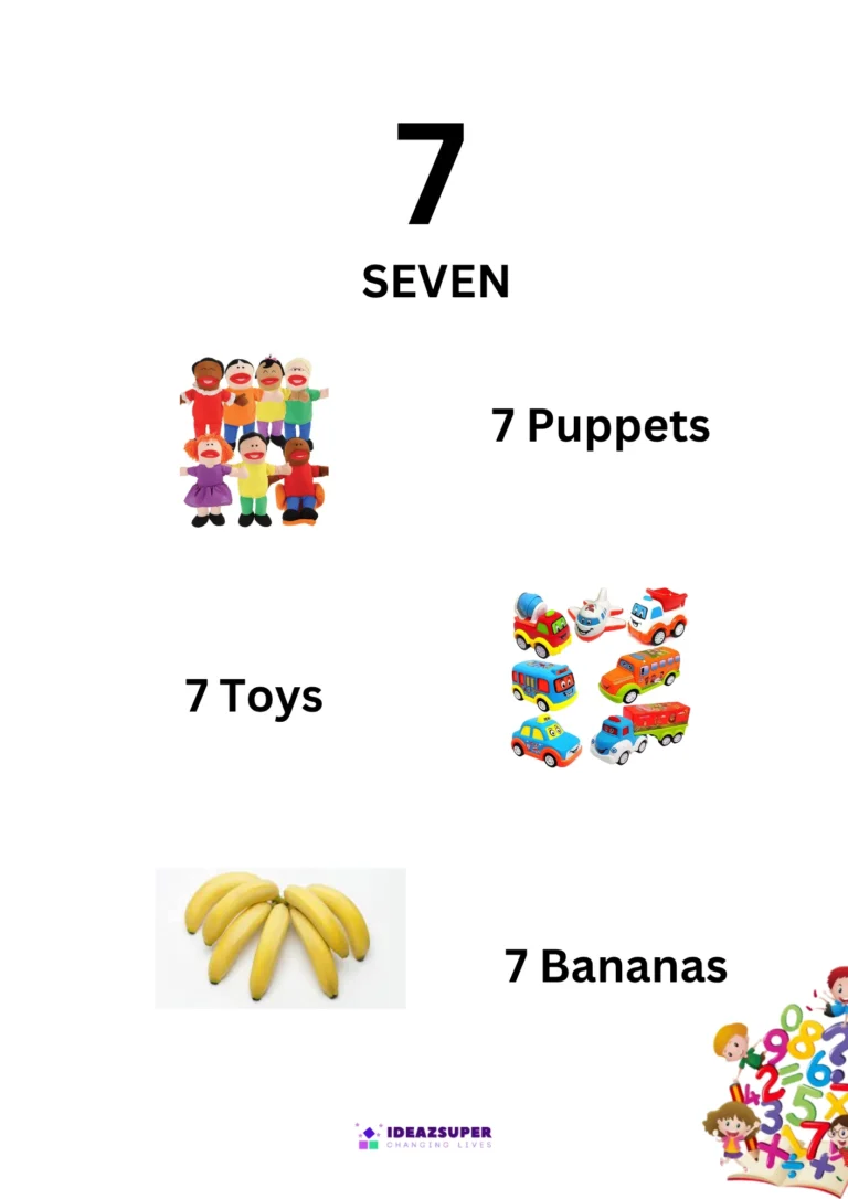 Number 7 (Seven) picture flash card showing 7 puppets, 7 toys and 7 bananas