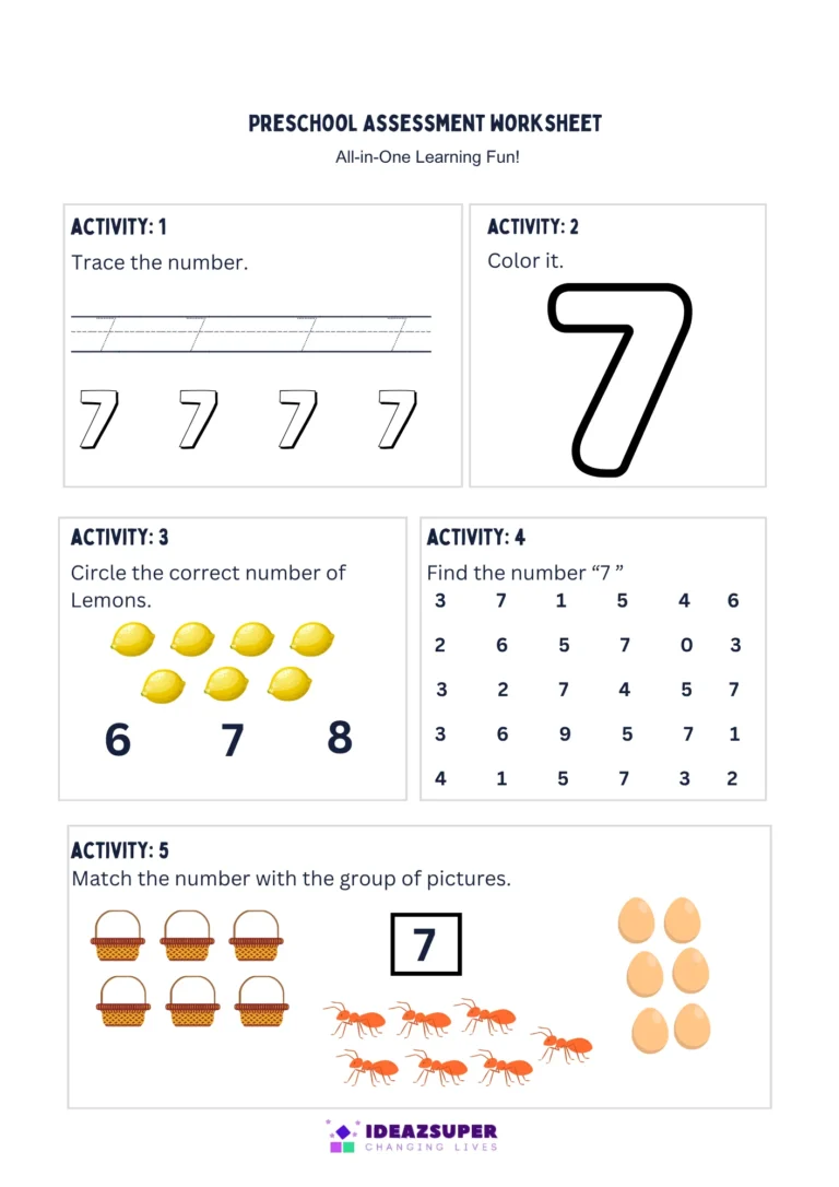 Number 7 assessment worksheet – trace, colour, count, find and match 7
