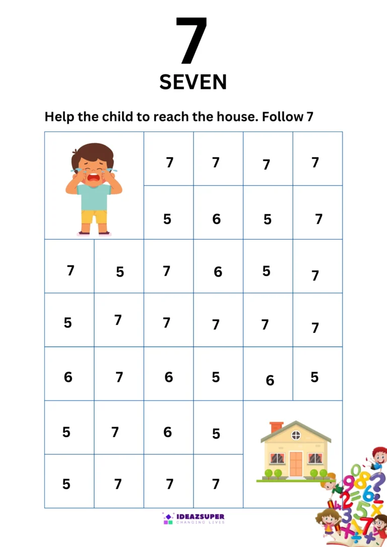 Number 7 find the path maze – follow 7 to help the child reach the house