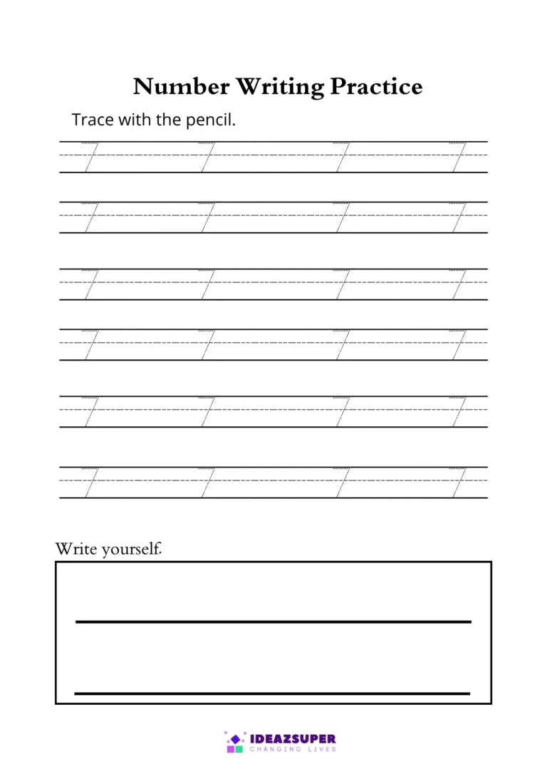Number 7 tracing worksheet – trace the dotted 7 on writing lines, then write it yourself