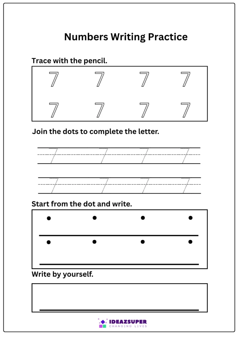 Number 7 writing practice – trace 7, join the dots, then write 7 by yourself