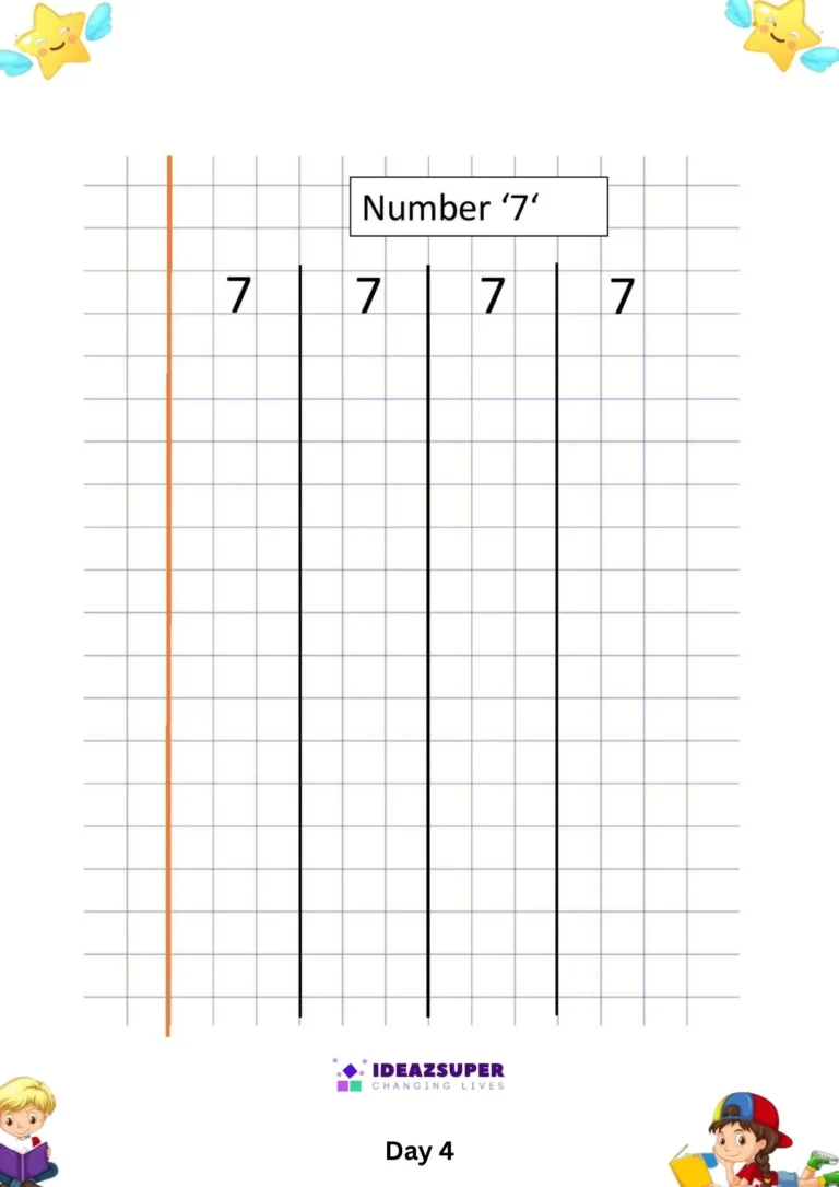 Number 7 writing worksheet on a squared grid for copying the numeral 7