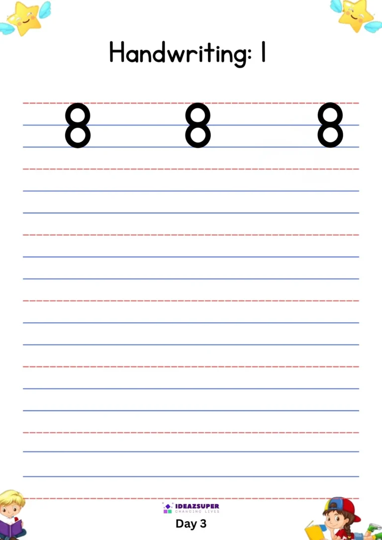 Number 8 handwriting practice on four-line paper