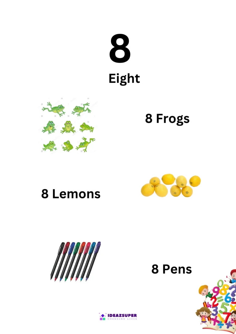 Number 8 (Eight) picture flash card showing 8 frogs, 8 lemons and 8 pens