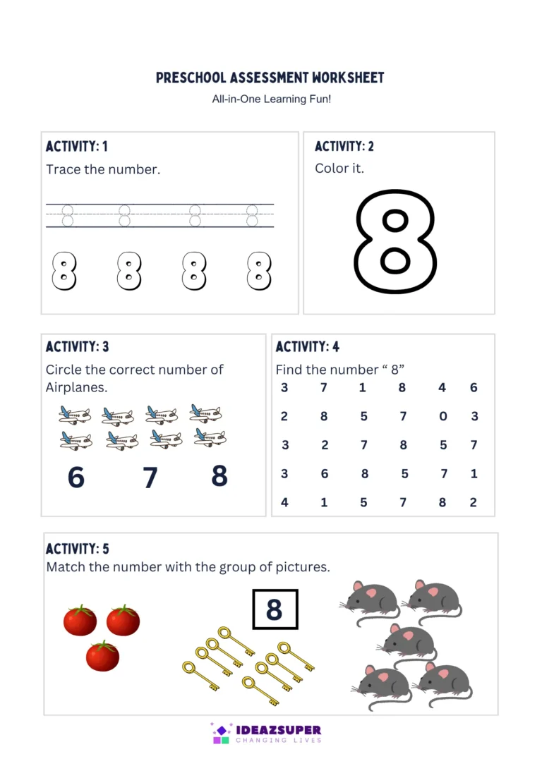 Number 8 assessment worksheet – trace, colour, count, find and match 8