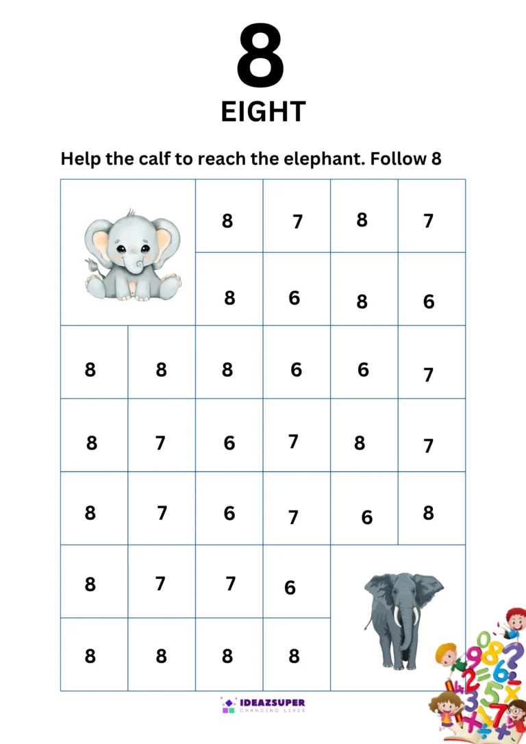 Number 8 find the path maze – follow 8 to help the calf reach the elephant