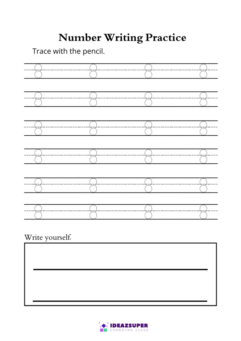 Number 8 tracing worksheet – trace the dotted 8 on writing lines, then write it yourself