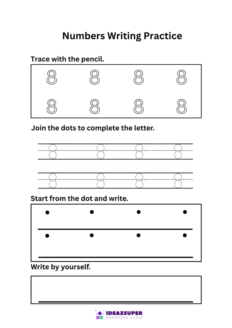 Number 8 writing practice – trace 8, join the dots, then write 8 by yourself