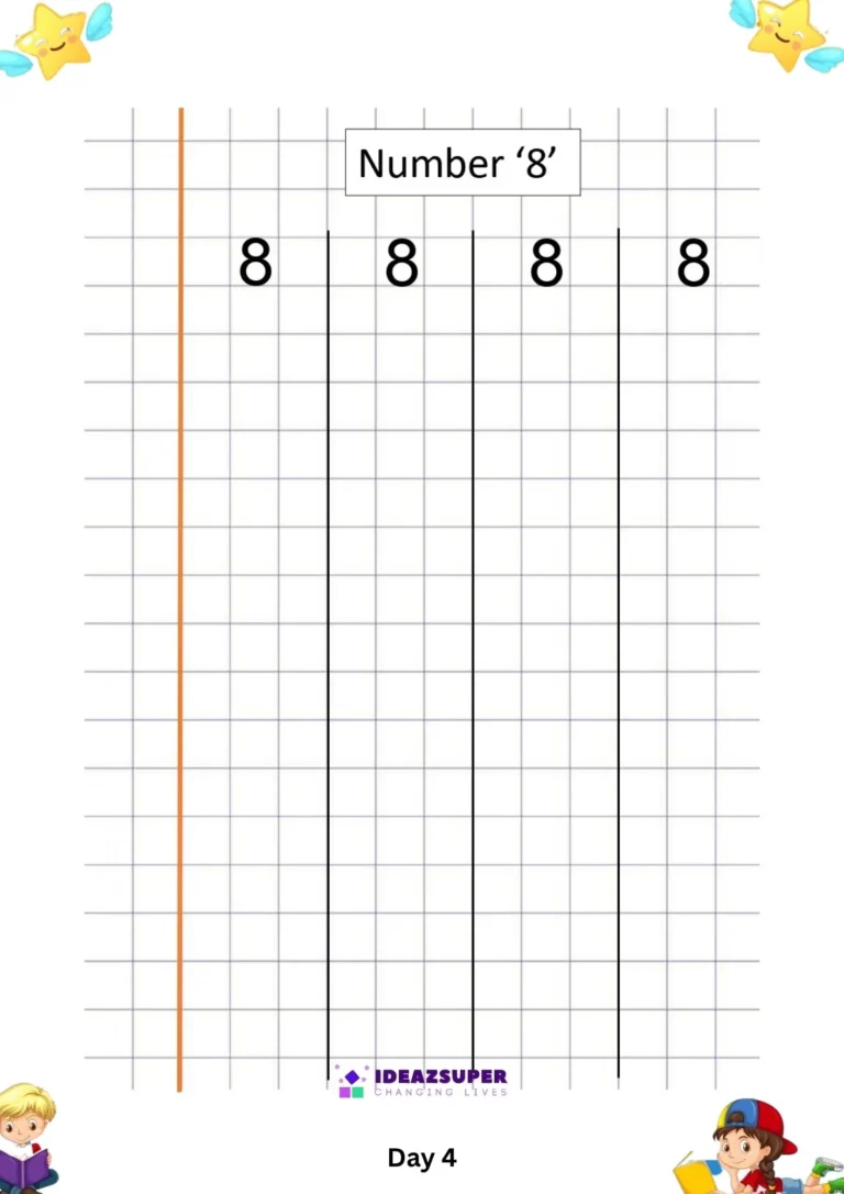 Number 8 writing worksheet on a squared grid for copying the numeral 8