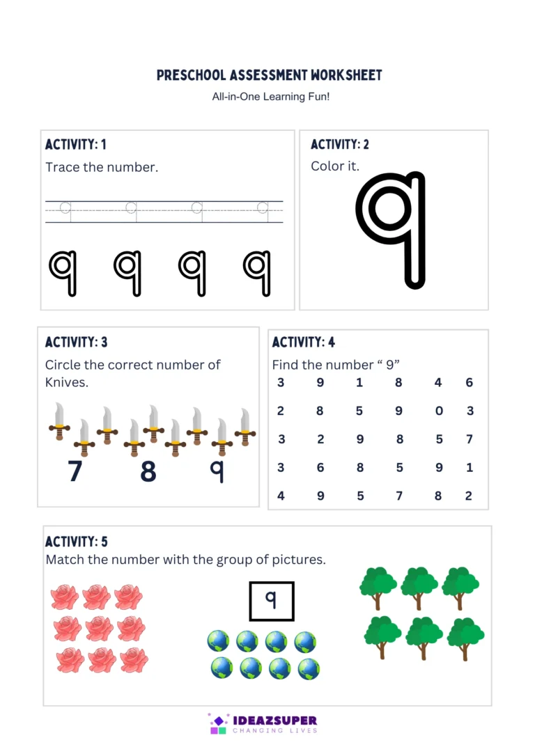 Number 9 assessment worksheet – trace, colour, count, find and match 9