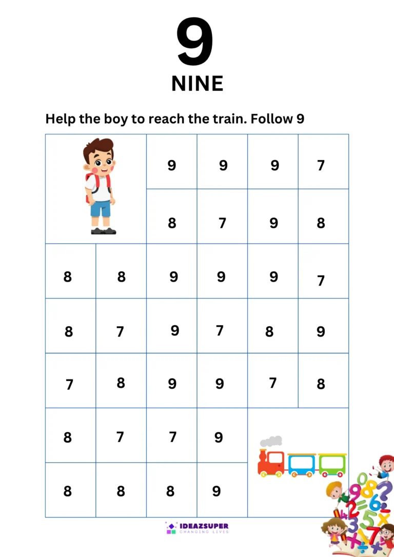 Number 9 find the path maze – follow 9 to help the boy reach the train