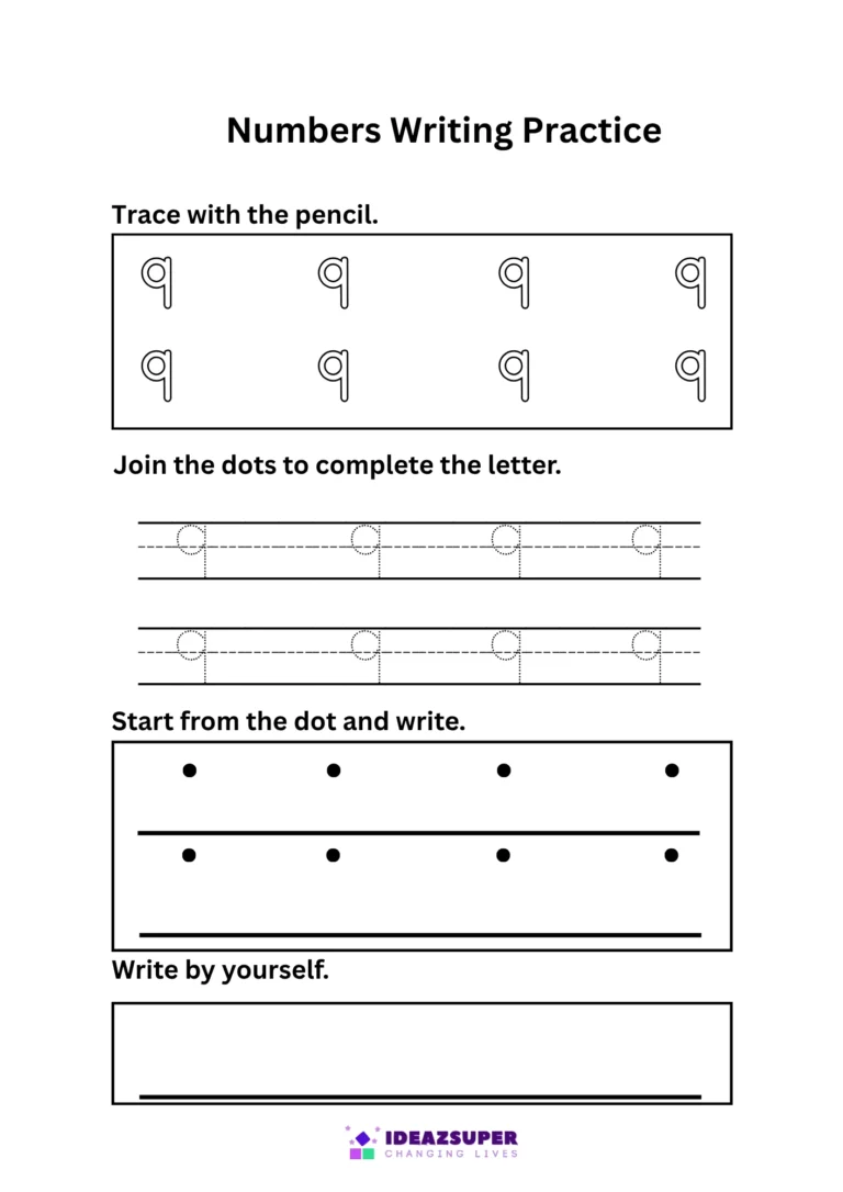 Number 9 writing practice – trace 9, join the dots, then write 9 by yourself