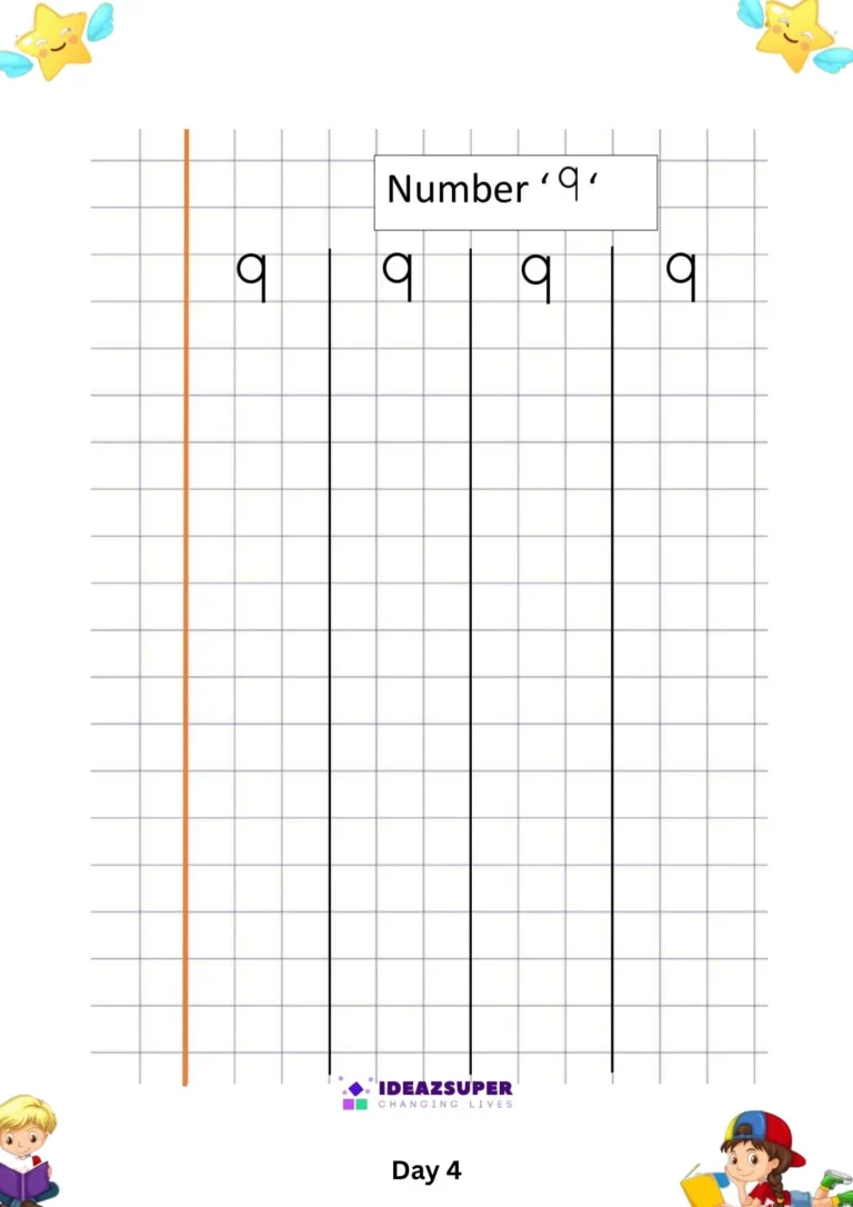 Number 9 writing worksheet on a squared grid for copying the numeral 9