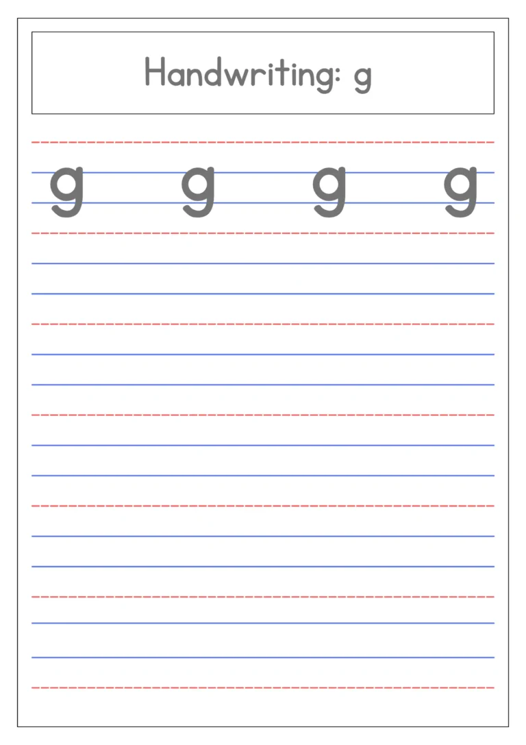 Small letter g handwriting practice on four-line paper