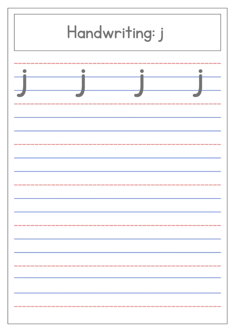 Small letter j handwriting practice on four-line paper
