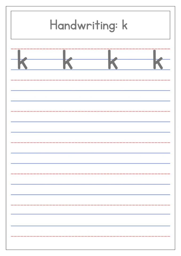 Small letter k handwriting practice on four-line paper