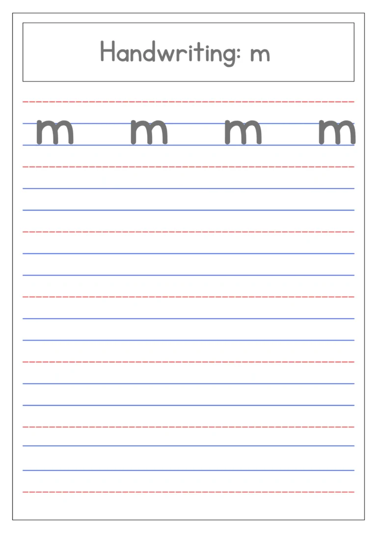 Small letter m handwriting practice on four-line paper