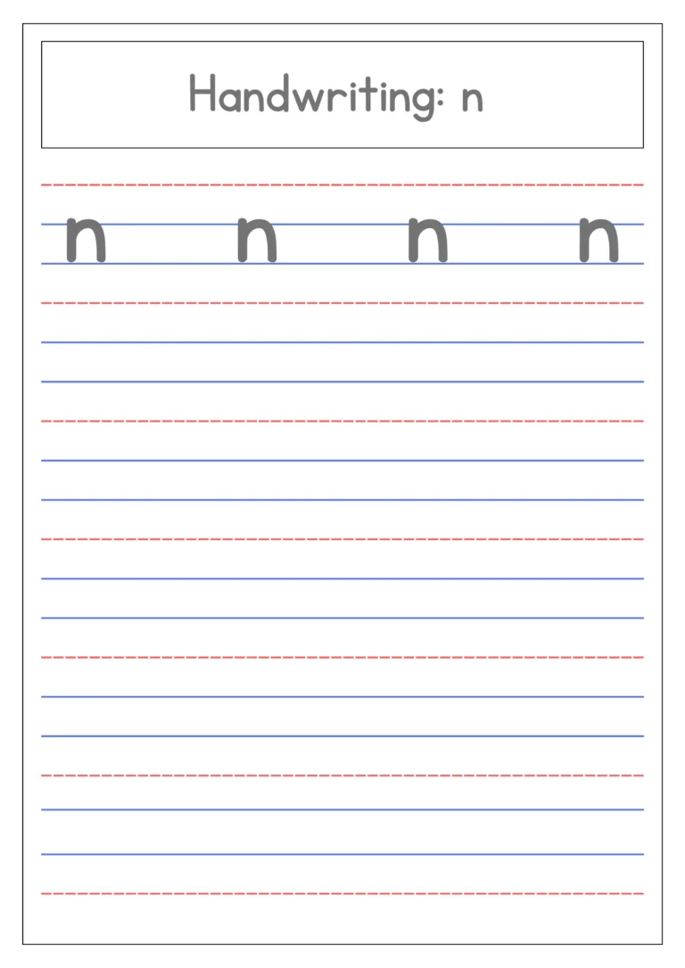 Small letter n handwriting practice on four-line paper