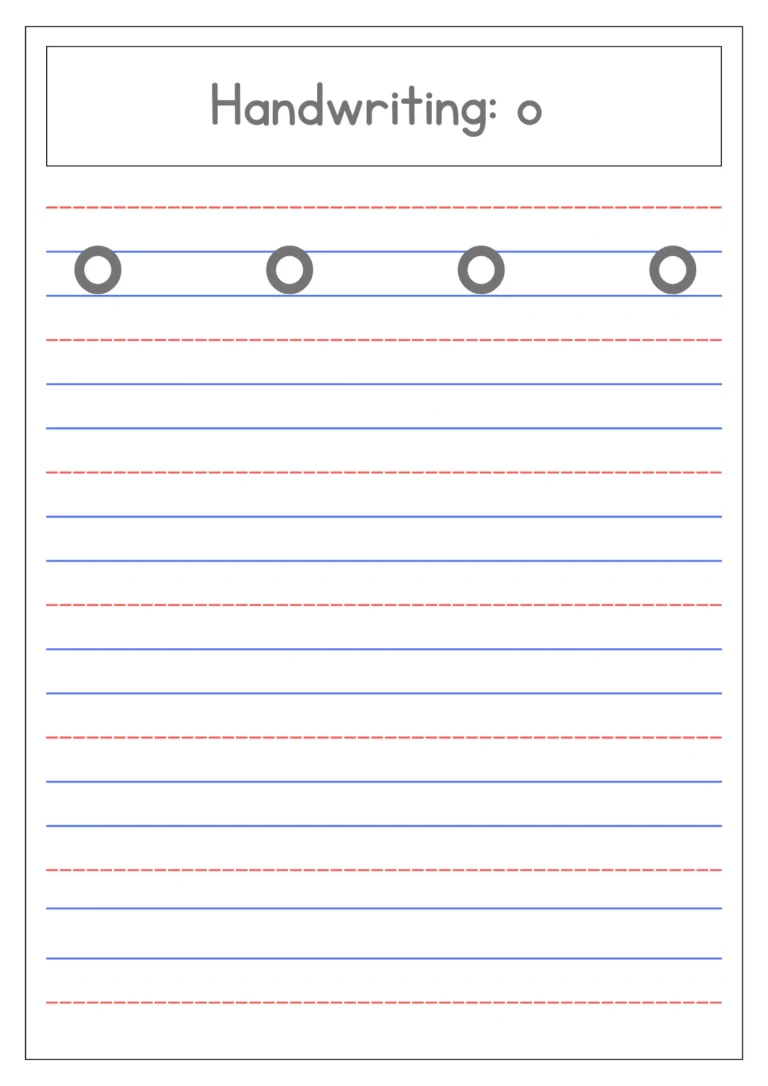 Small letter o handwriting practice on four-line paper
