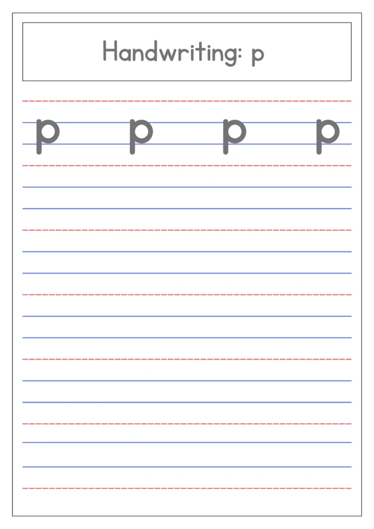 Small letter p handwriting practice on four-line paper