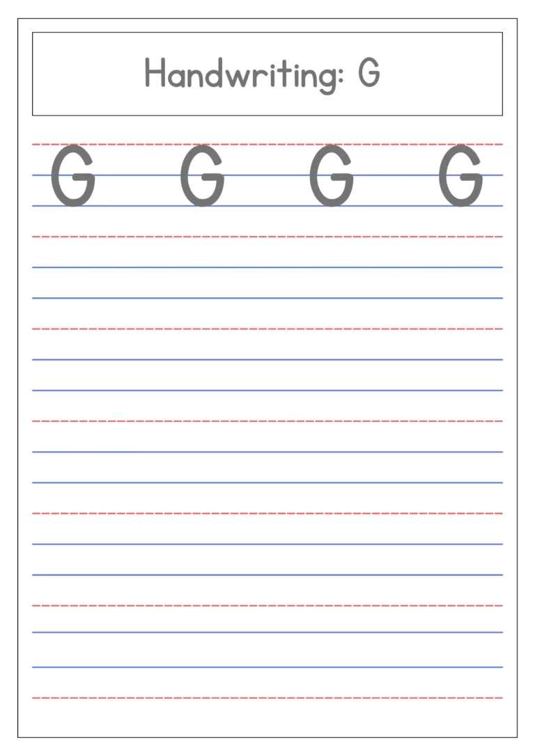 Capital letter G handwriting practice on four-line paper