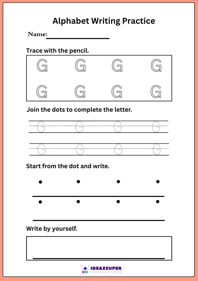 Capital letter G writing practice – trace G, join the dots, then write it by yourself