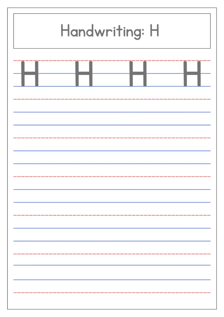 Capital letter H handwriting practice on four-line paper