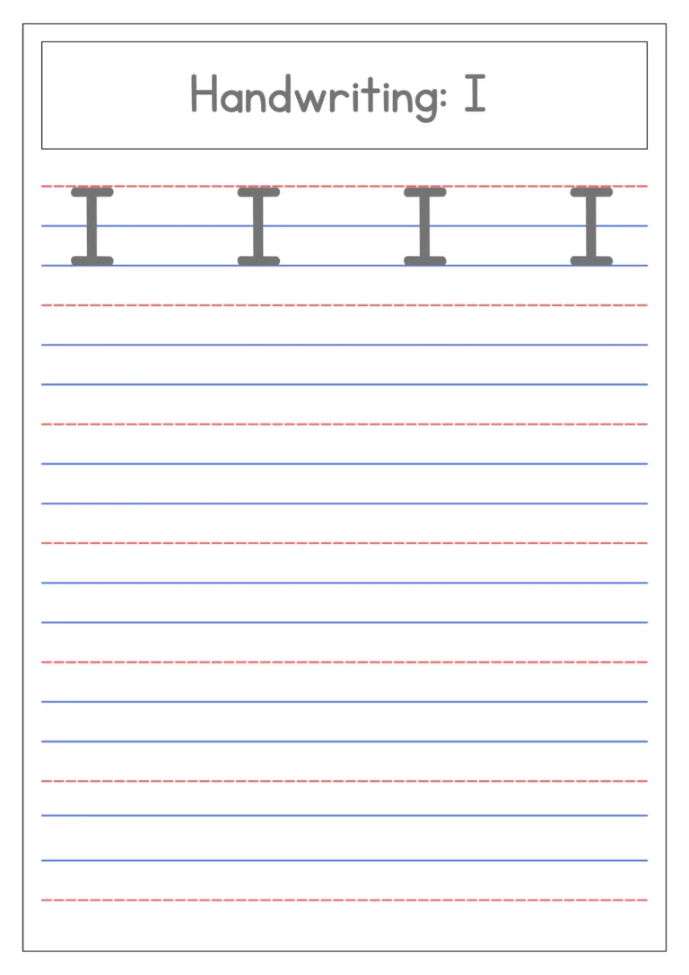 Capital letter I handwriting practice on four-line paper