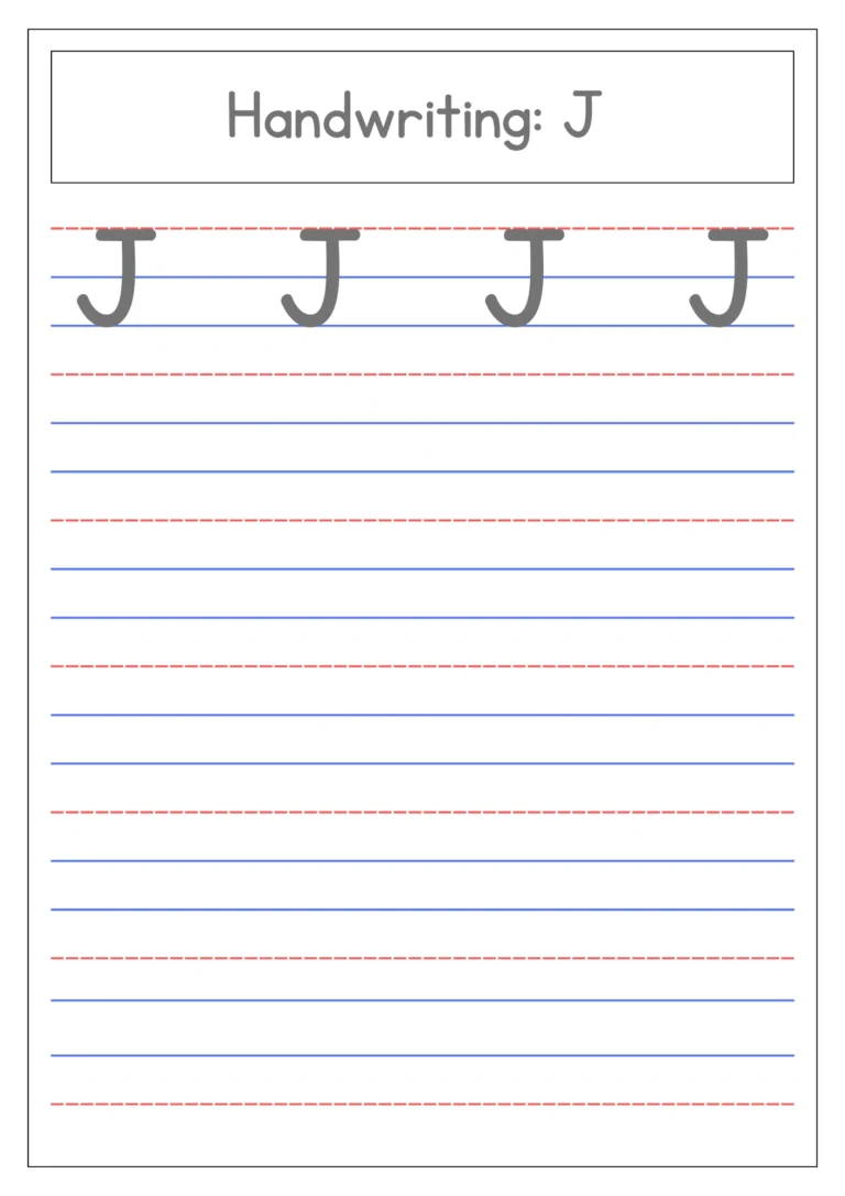 Capital letter J handwriting practice on four-line paper