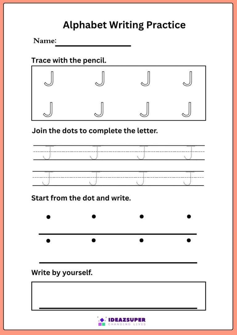 Capital letter J writing practice – trace J, join the dots, then write it by yourself