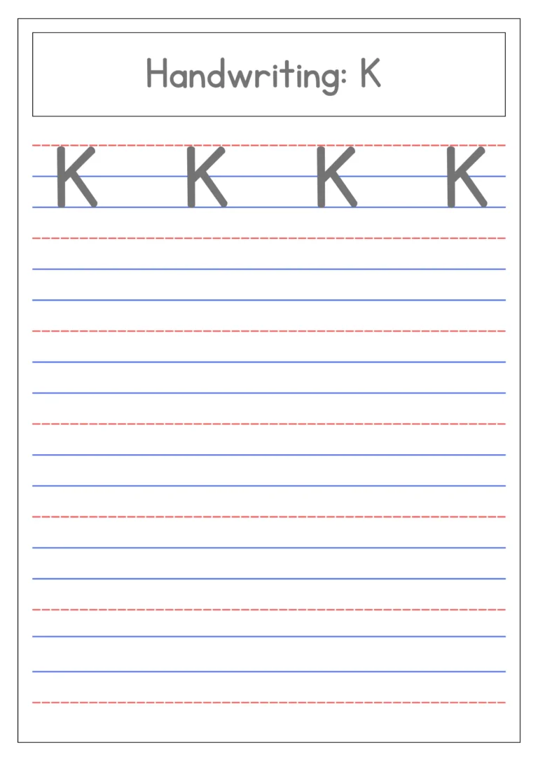 Capital letter K handwriting practice on four-line paper
