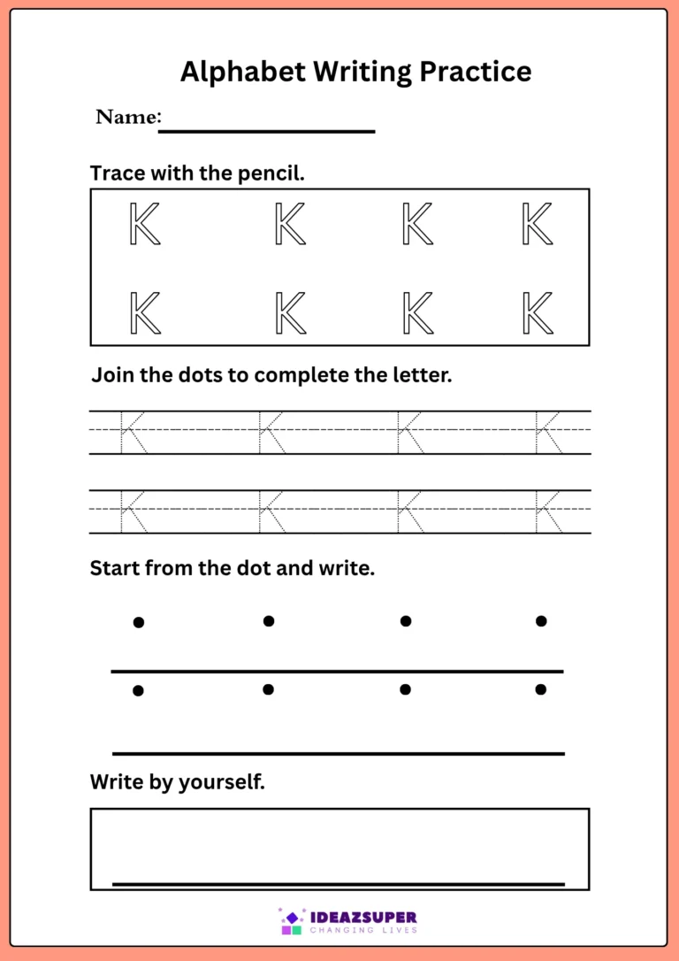 Capital letter K writing practice – trace K, join the dots, then write it by yourself