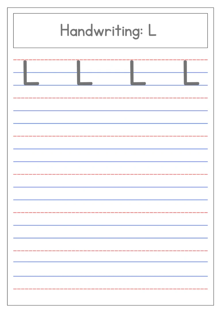 Capital letter L handwriting practice on four-line paper