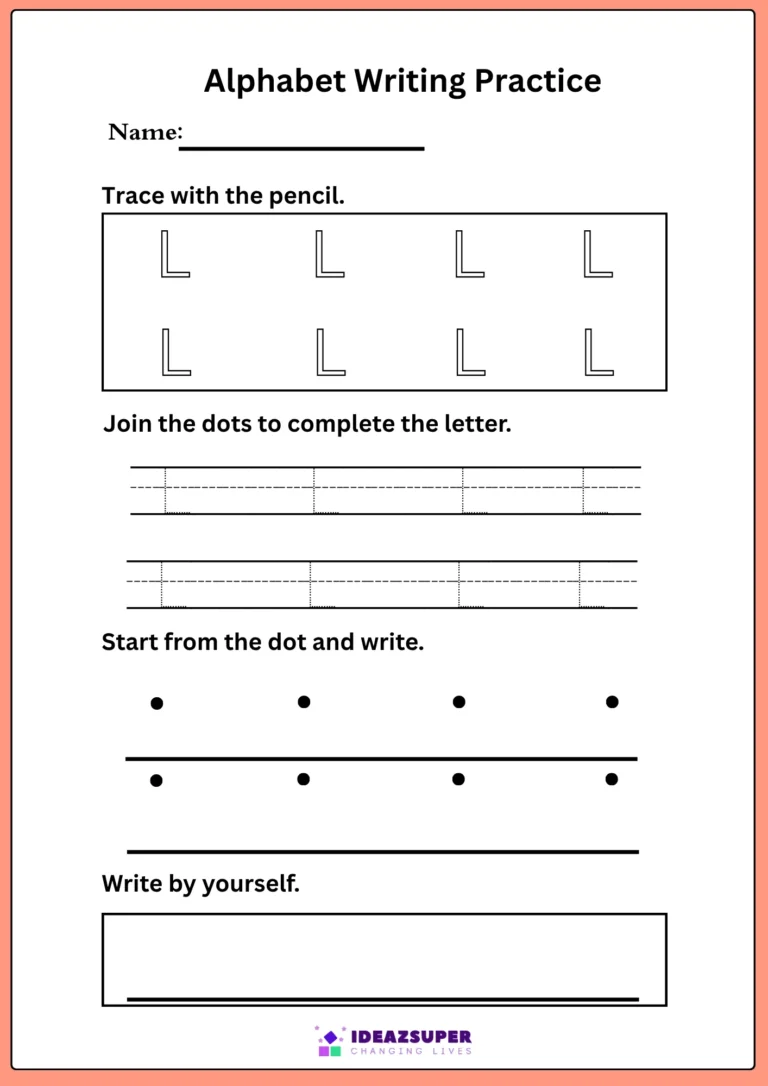 Capital letter L writing practice – trace L, join the dots, then write it by yourself