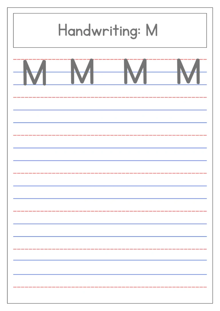 Capital letter M handwriting practice on four-line paper