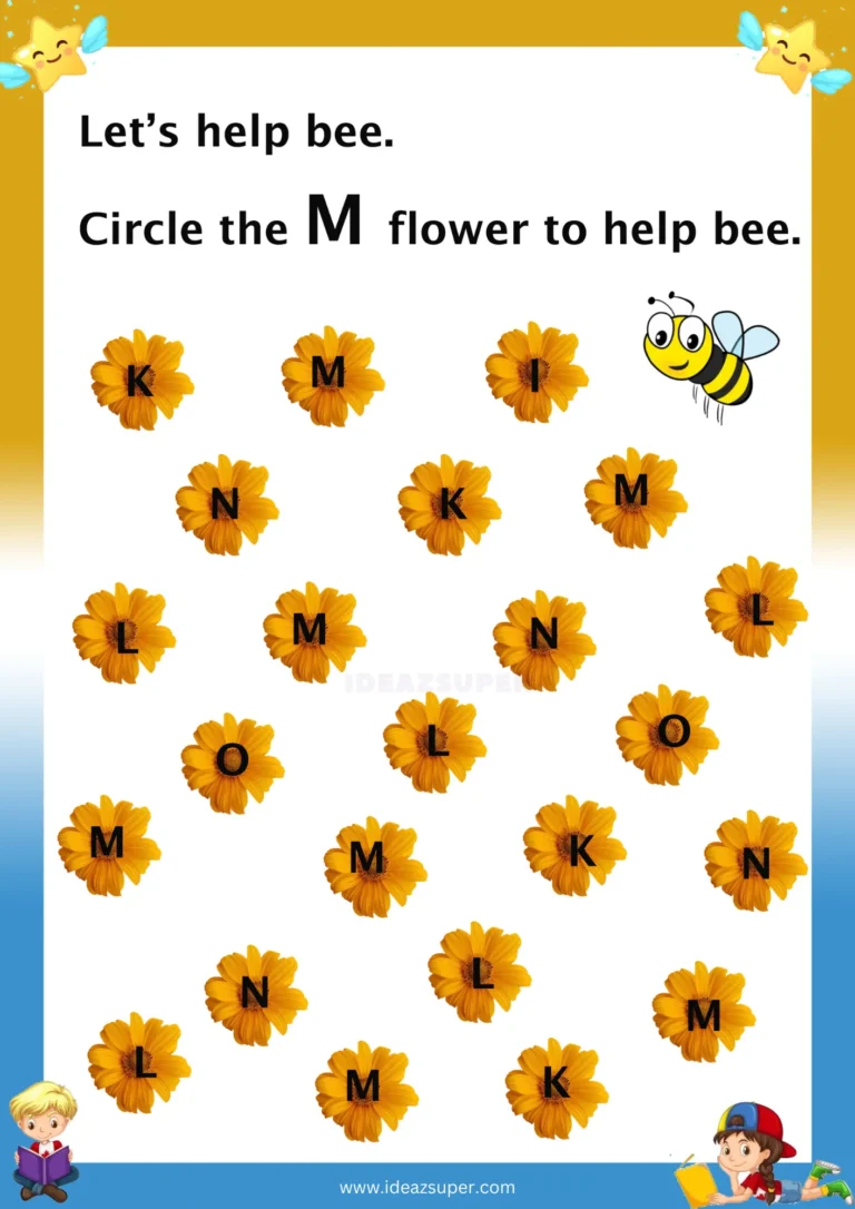Capital letter M identification worksheet – circle the pictures marked M