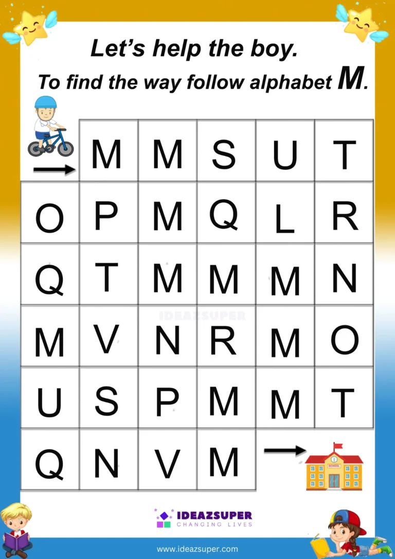 Capital letter M maze worksheet – follow M to find the way